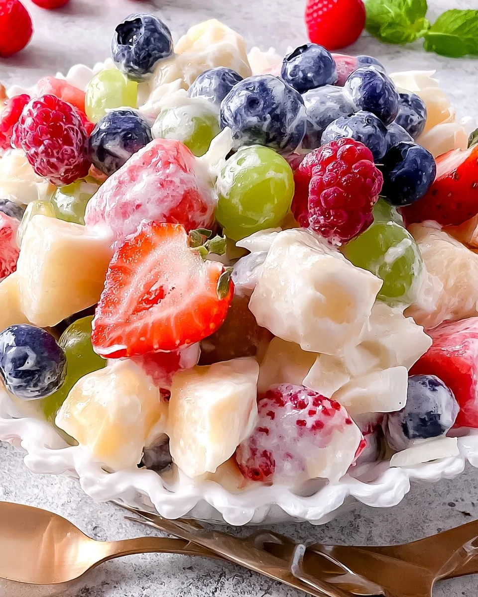 A colorful creamy fruit salad with a mix of fresh fruits and a creamy dressing