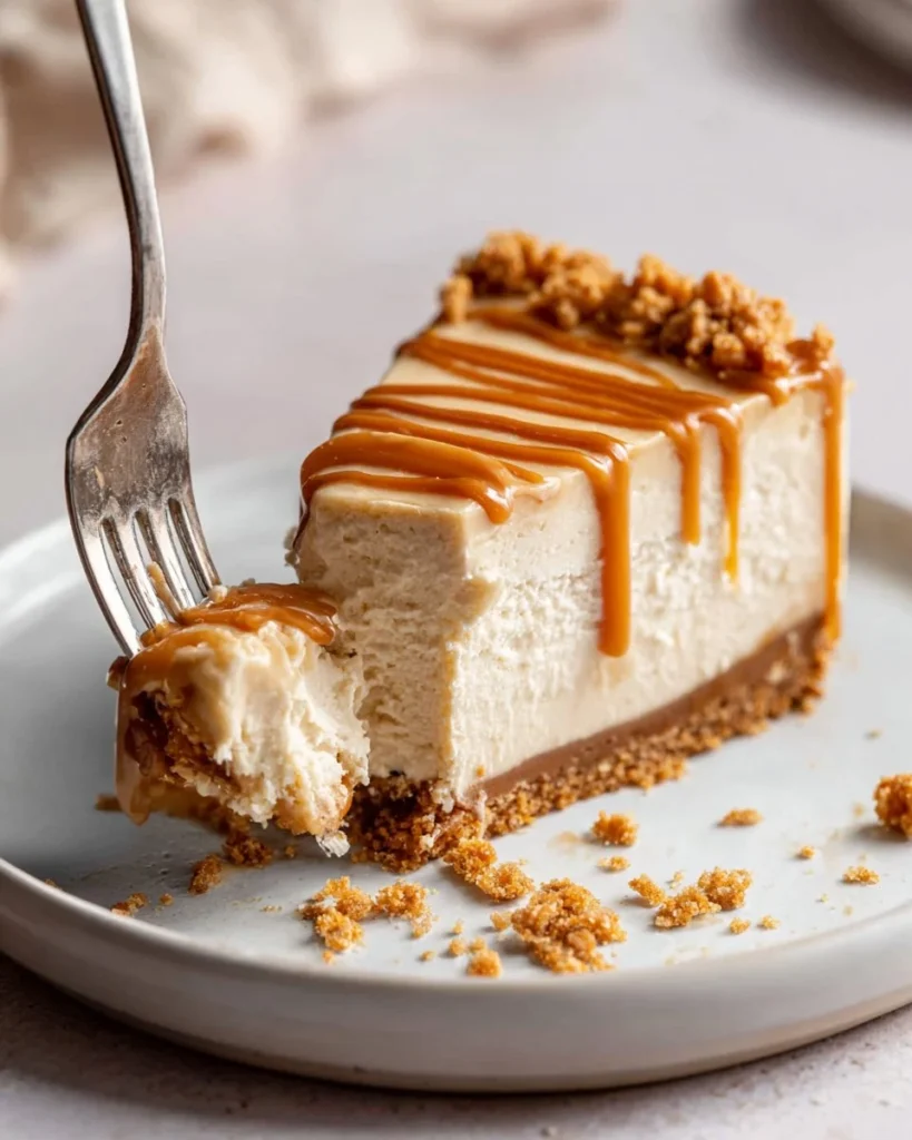 Delicious creamy no bake Biscoff cheesecake garnished with Biscoff crumbs