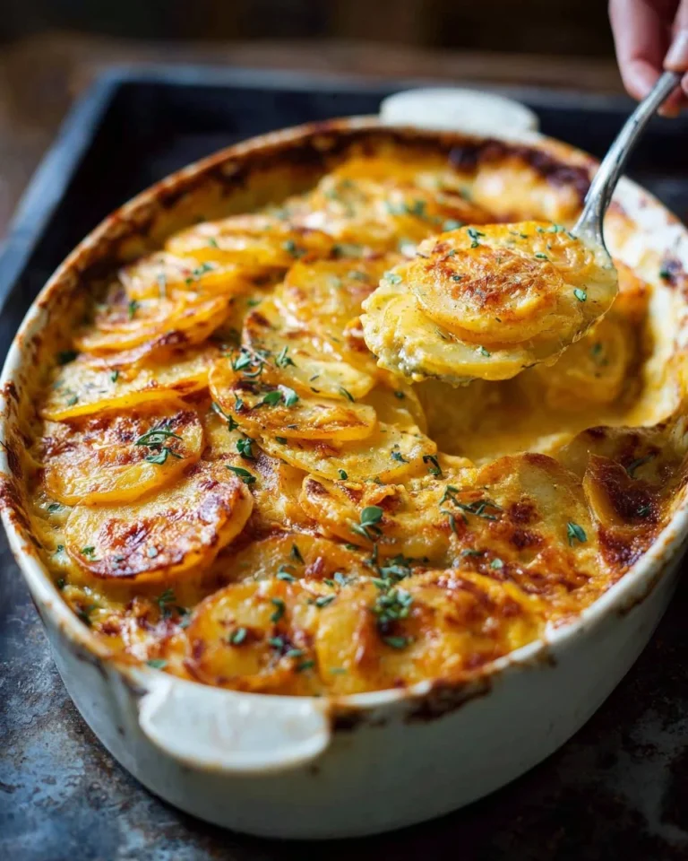Creamy pumpkin cheddar scalloped potatoes baked to perfection