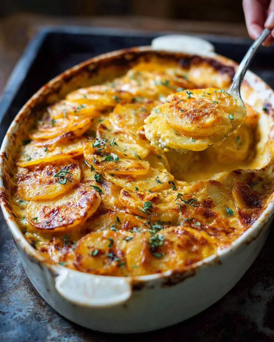 Creamy pumpkin cheddar scalloped potatoes baked to perfection