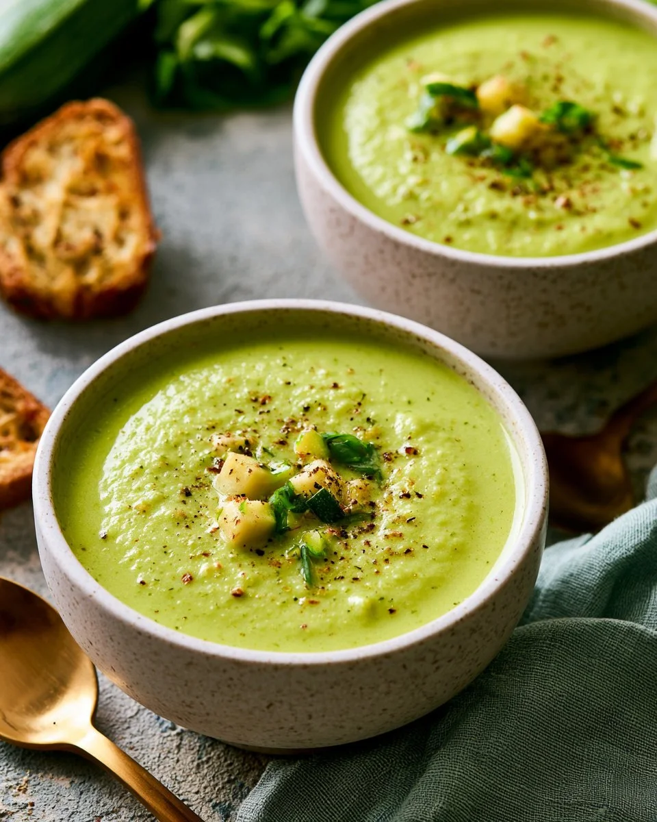 Bowl of creamy zucchini soup garnished with herbs and served with bread