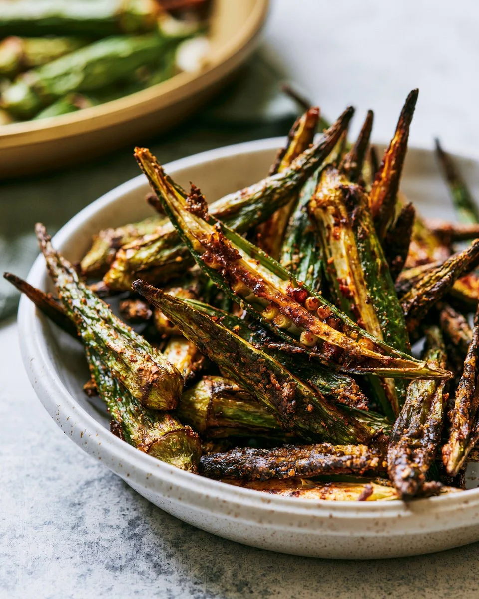 Crispy oven roasted okra served on a white plate with spices.