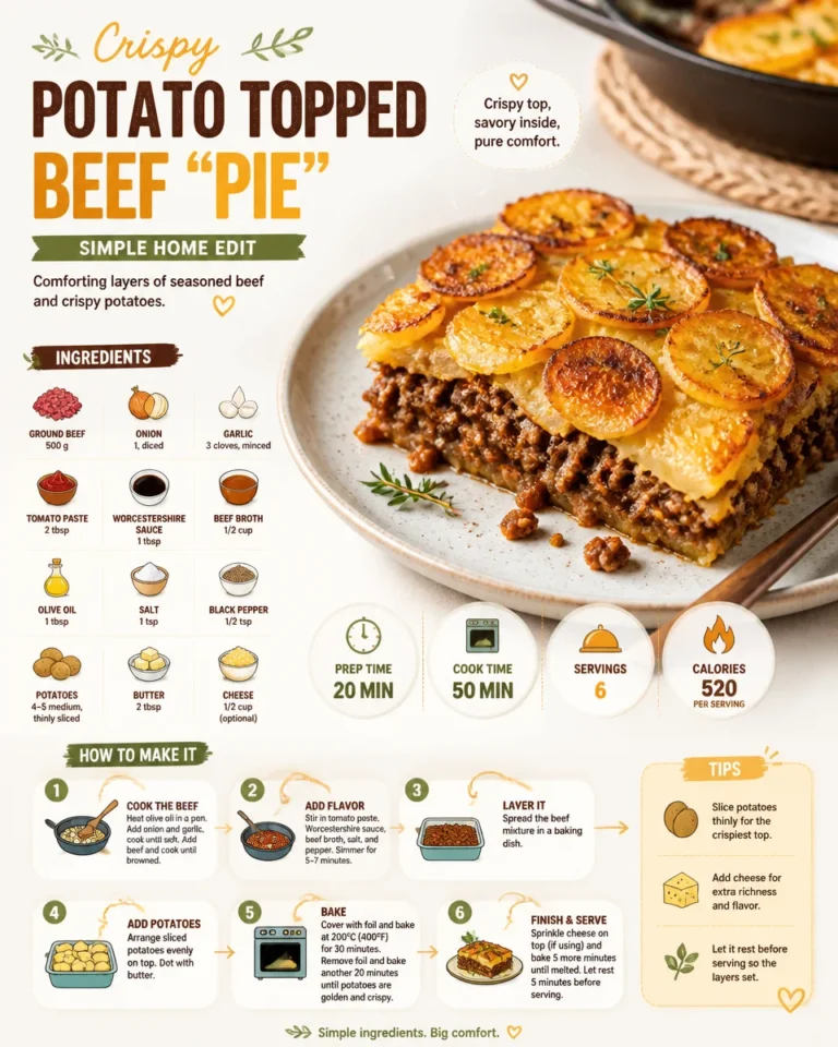 Crispy potato topped beef pie served on a plate with herbs.