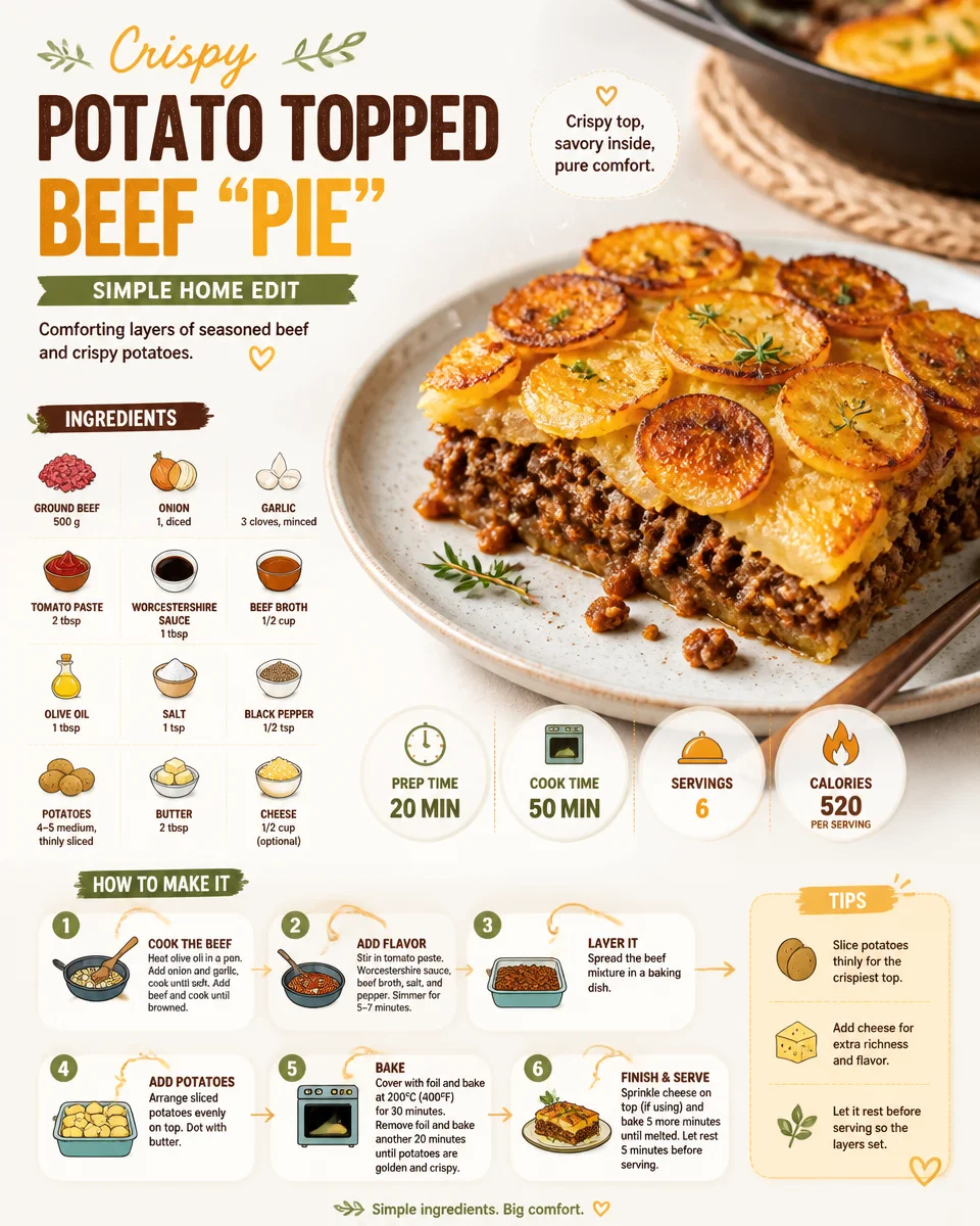 Crispy potato topped beef pie served on a plate with herbs.