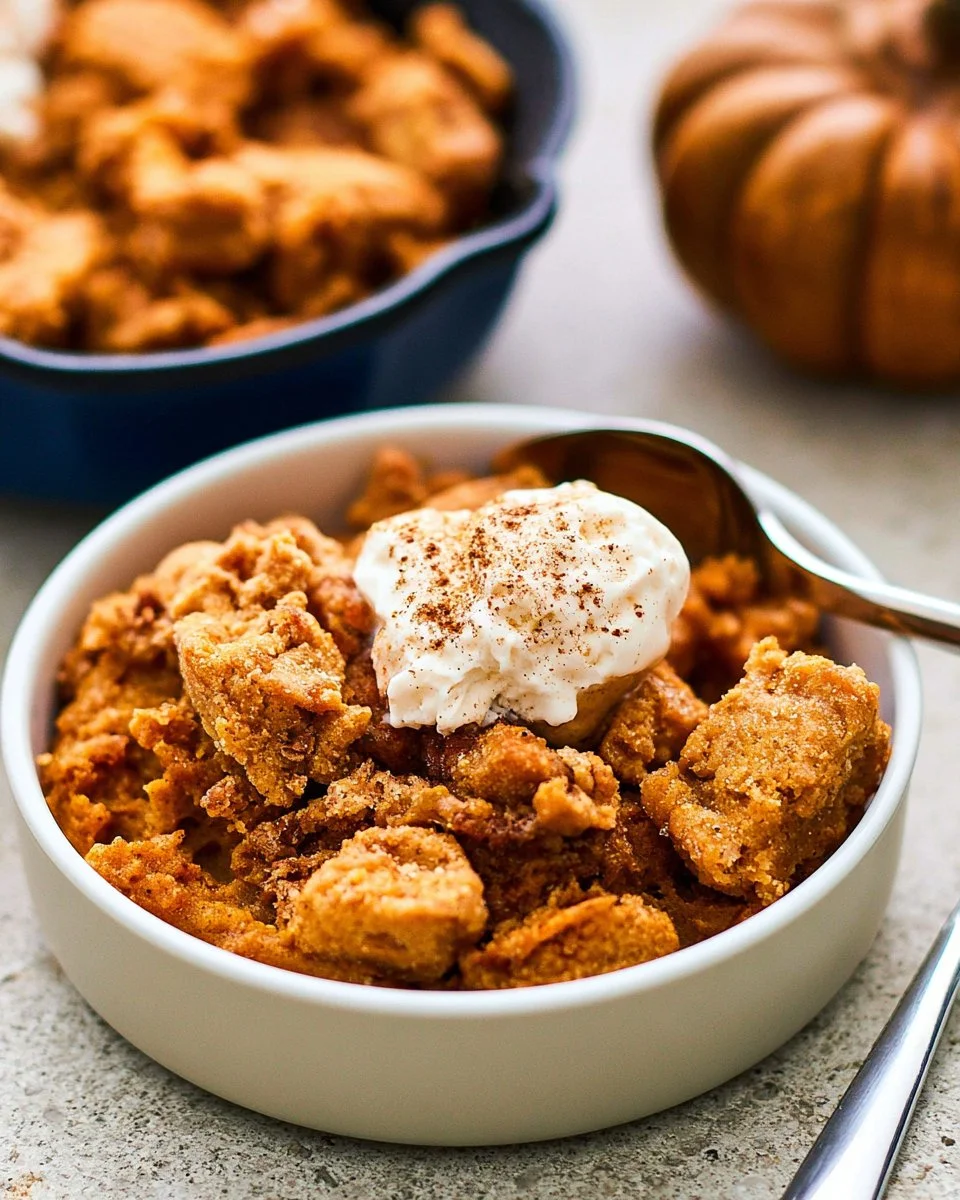 Crockpot pumpkin crumble dessert served in a bowl with cinnamon and whipped cream.