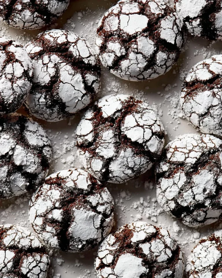 Double chocolate crinkle cookies dusted in powdered sugar on a plate