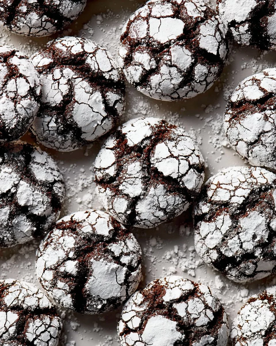 Double chocolate crinkle cookies dusted in powdered sugar on a plate