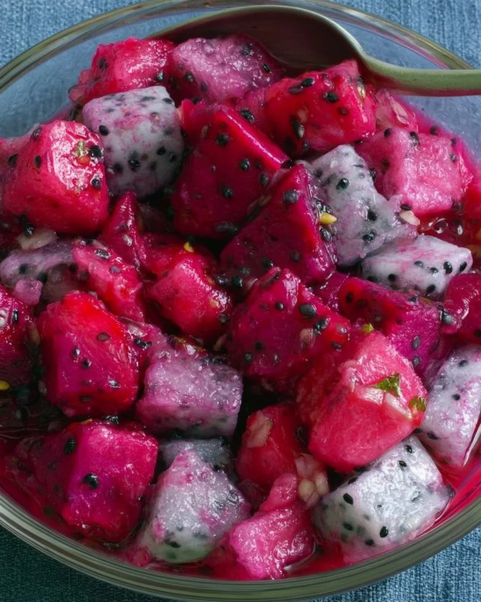 Colorful Dragon Fruit Salsa served in a bowl with chips