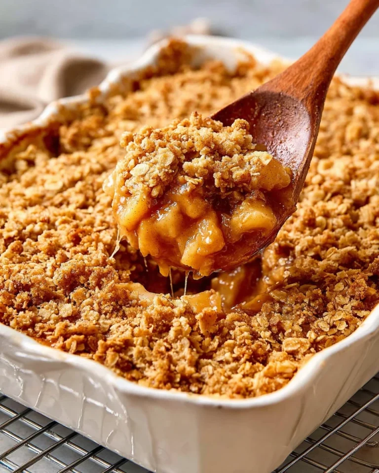 Delicious easy apple crisp with oat topping in a baking dish.
