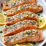 Easy baked salmon on a plate with lemon and herbs