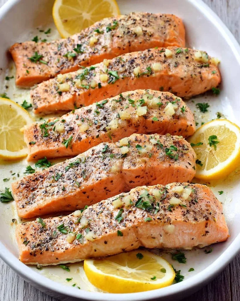 Easy baked salmon on a plate with lemon and herbs