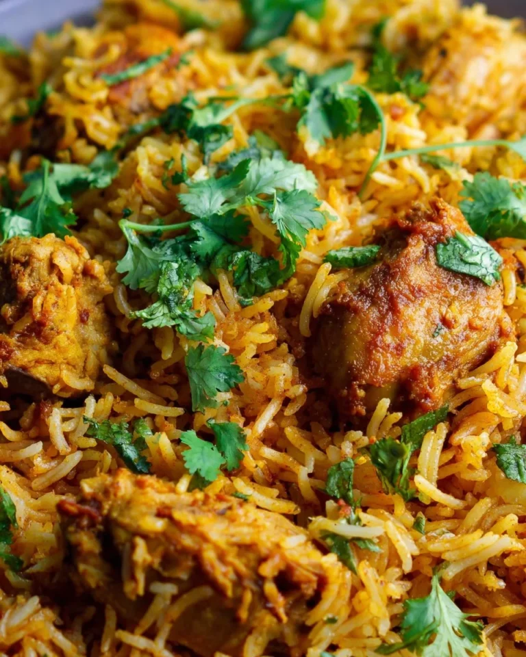 Delicious easy chicken biryani served in a bowl with spices and herbs.