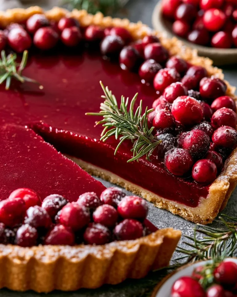 Delicious easy cranberry tart topped with fresh cranberries and glaze.