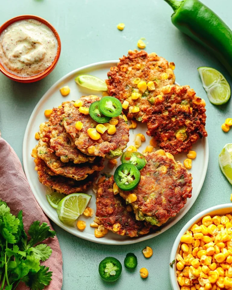 Vegan jalapeno corn fritters served on a plate with dipping sauce