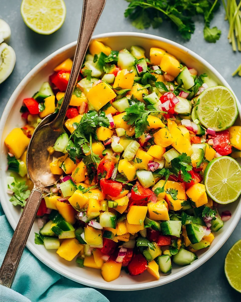 Bright and colorful Easy Mango Cucumber Salad with fresh ingredients.