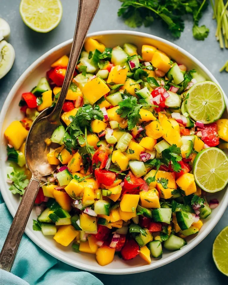 A bowl of Easy Mango Cucumber Salad with fresh mangoes and cucumbers
