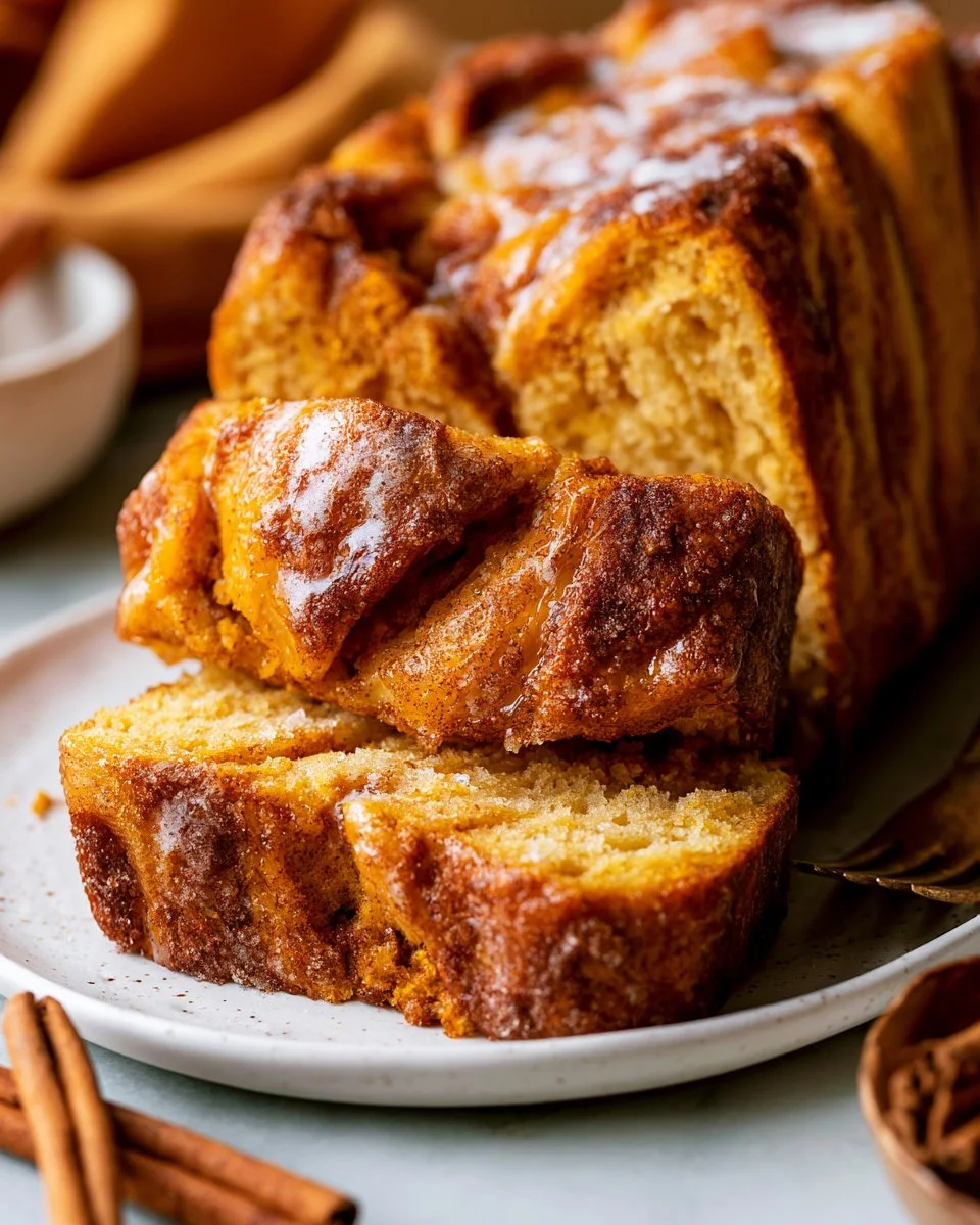 Easy pumpkin spice pull-apart bread topped with cinnamon sugar in a rustic setting.