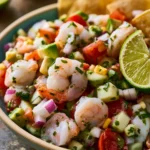 Easy and fresh shrimp ceviche served in a bowl with lime and cilantro