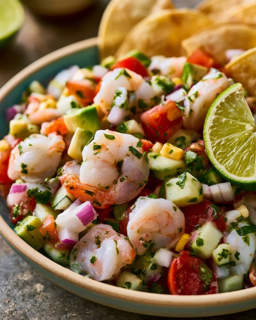 Easy and fresh shrimp ceviche served in a bowl with lime and cilantro