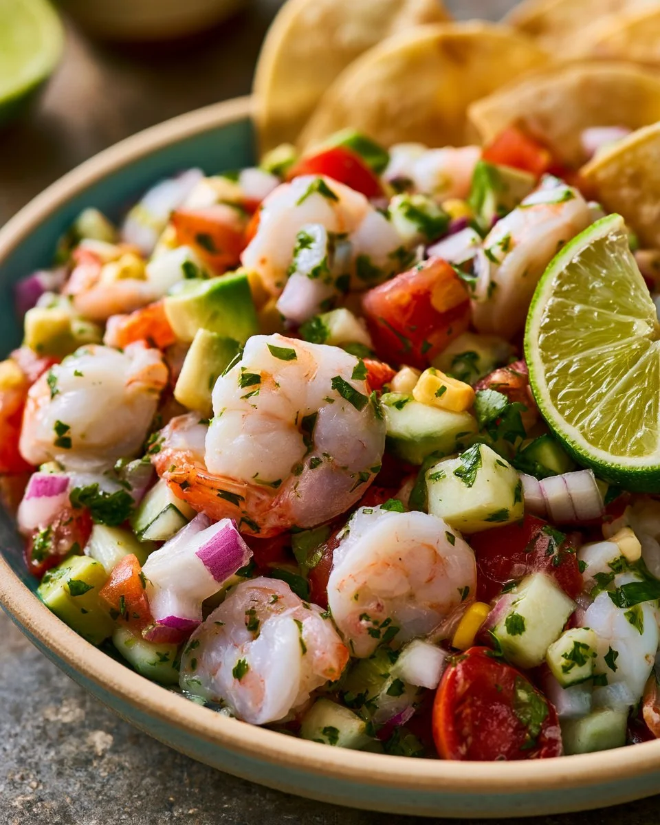 Easy and fresh shrimp ceviche served in a bowl with lime and cilantro