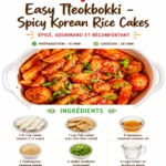 Delicious and spicy tteokbokki, traditional Korean rice cakes in a savory sauce.