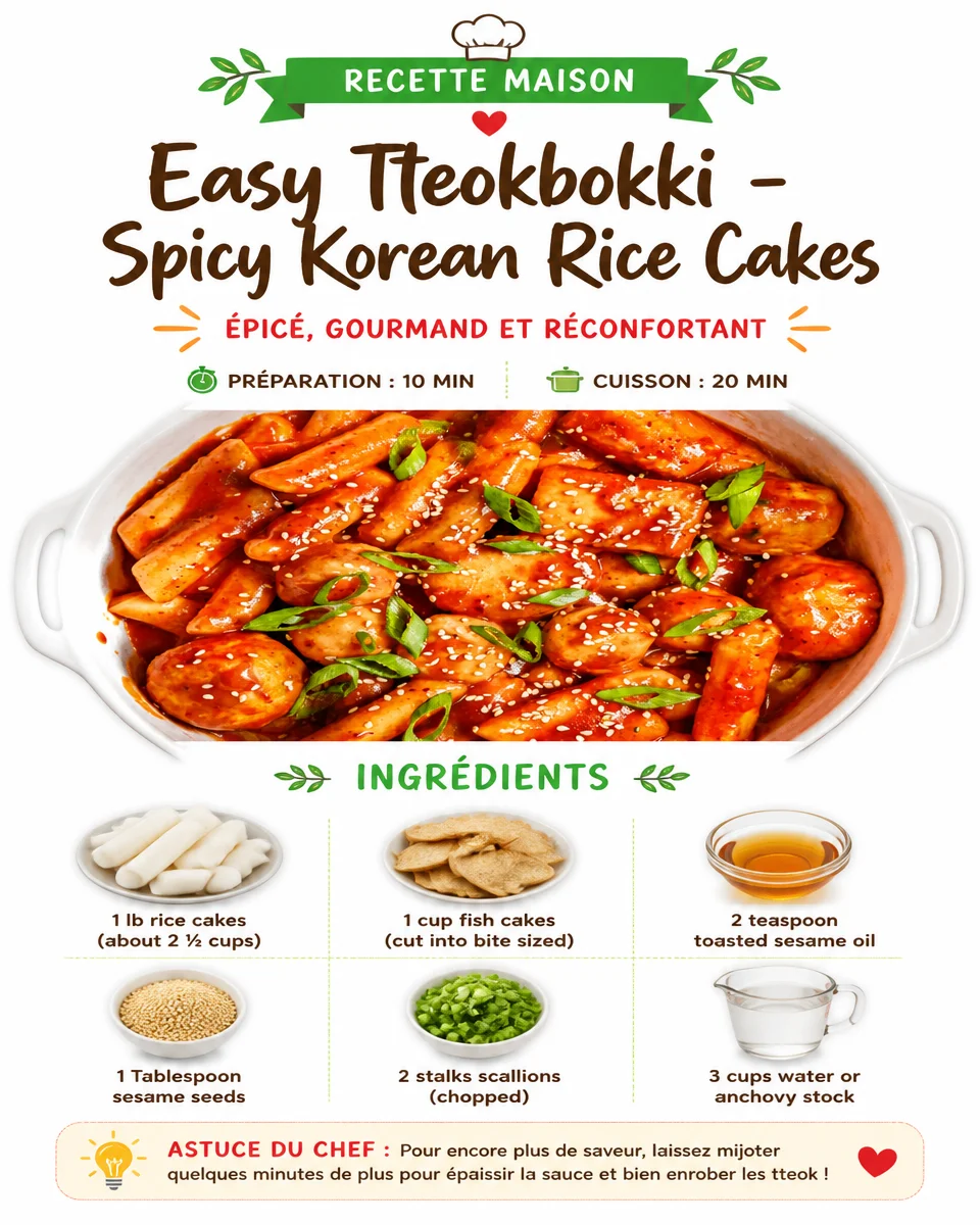 Delicious and spicy tteokbokki, traditional Korean rice cakes in a savory sauce.