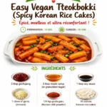 Delicious vegan tteokbokki served with spicy sauce and garnishes