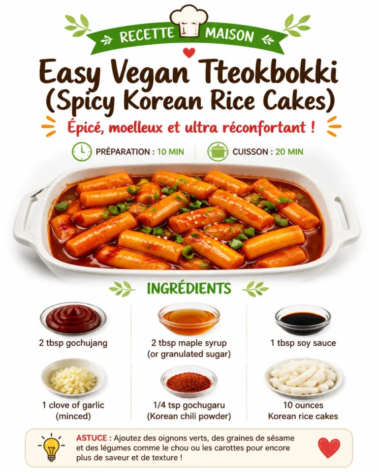 Delicious vegan tteokbokki served with spicy sauce and garnishes