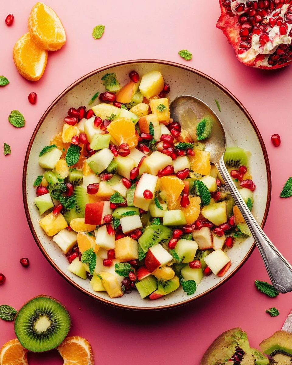 Colorful easy winter fruit salad with seasonal fruits in a bowl