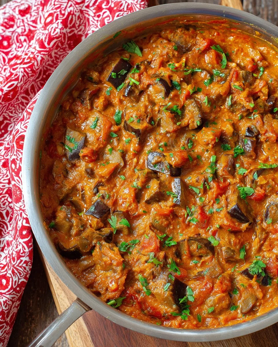 Delicious bowl of Eggplant Curry served with rice and garnished with cilantro.