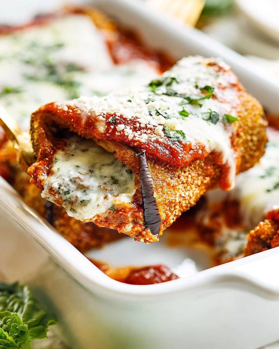 Delicious Eggplant Rollatini stuffed with ricotta cheese and topped with marinara sauce