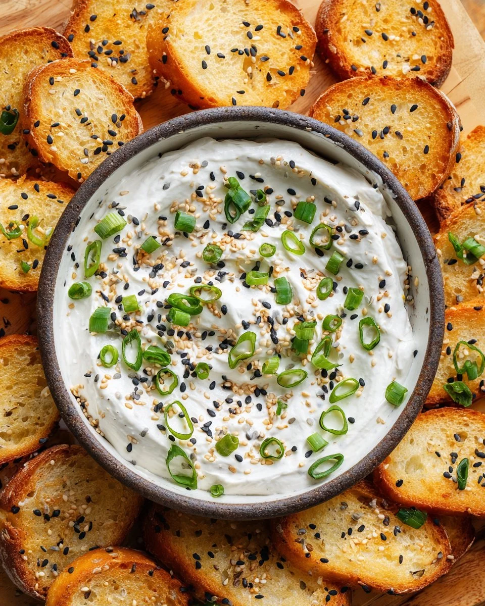 A creamy Everything Bagel Dip served with fresh vegetables and crackers.
