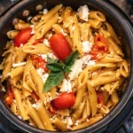 Delicious feta and tomato pasta dish prepared with fresh ingredients.
