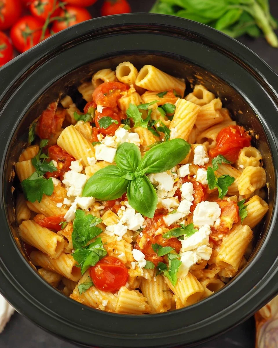 Delicious feta tomato pasta cooked in a slow cooker for an easy meal.