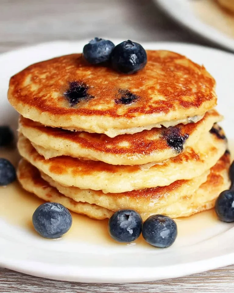 Fluffy protein pancakes stacked on a plate, drizzled with maple syrup.