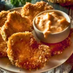 Plate of crispy fried green tomatoes served with dipping sauce