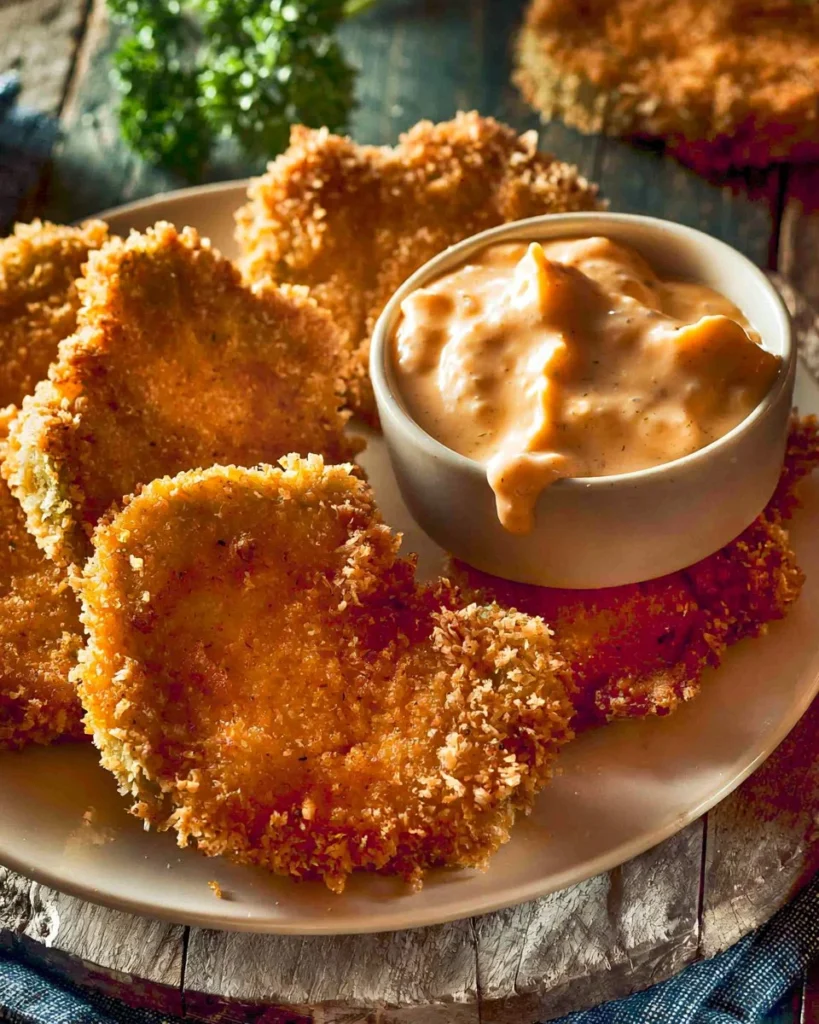 Plate of crispy fried green tomatoes served with dipping sauce
