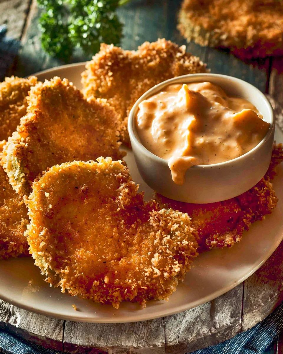 Plate of crispy fried green tomatoes served with dipping sauce