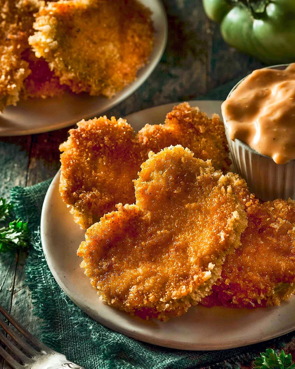 Delicious plate of fried green tomatoes garnished with herbs and spices