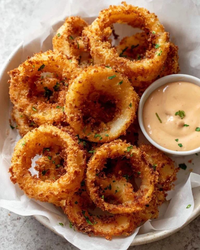 Air fried frozen onion rings served with Bloomin' Onion sauce.