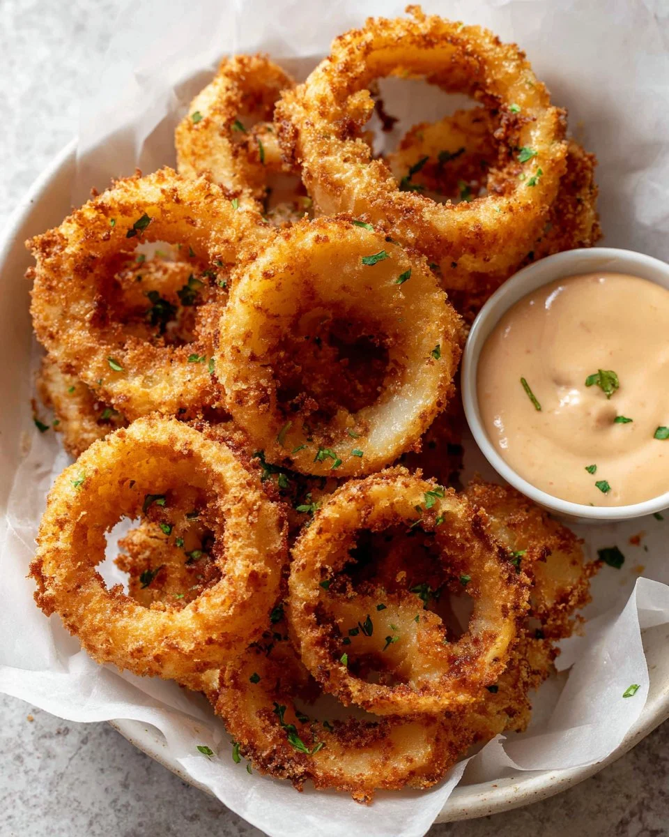 Air fried frozen onion rings served with Bloomin' Onion sauce.