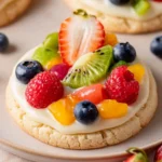 Colorful fruit pizza sugar cookies topped with fresh fruits