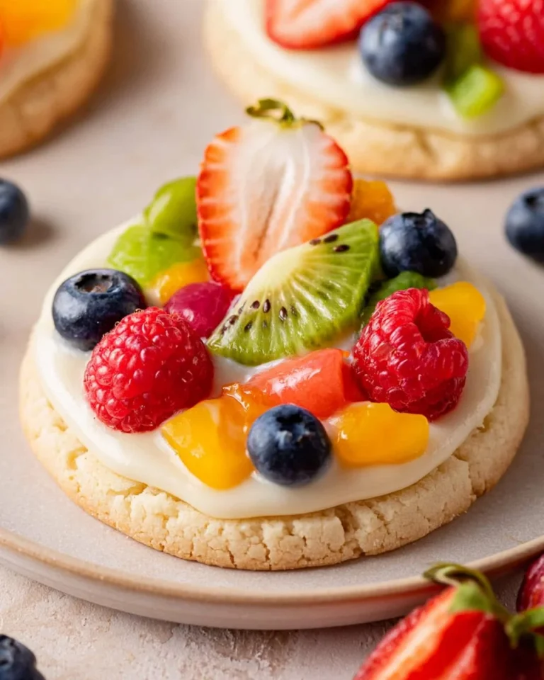 Colorful fruit pizza sugar cookies topped with fresh fruit slices and cream.