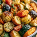 Garlic herb roasted potatoes with carrots and zucchini served on a plate