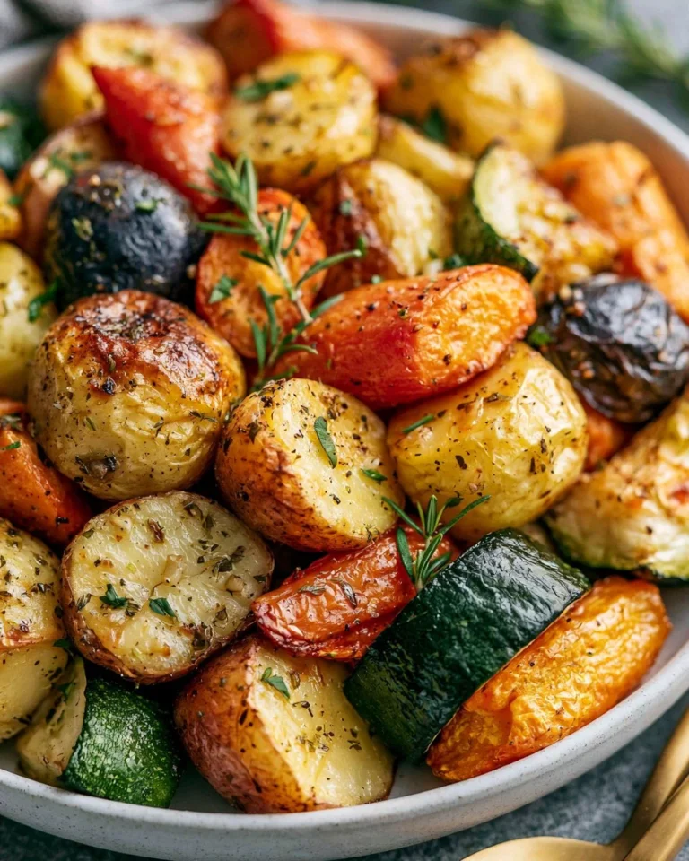 Garlic herb roasted potatoes with carrots and zucchini served on a plate