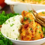 Delicious Garlic Parmesan Chicken Bake served with herbs and a side of vegetables.