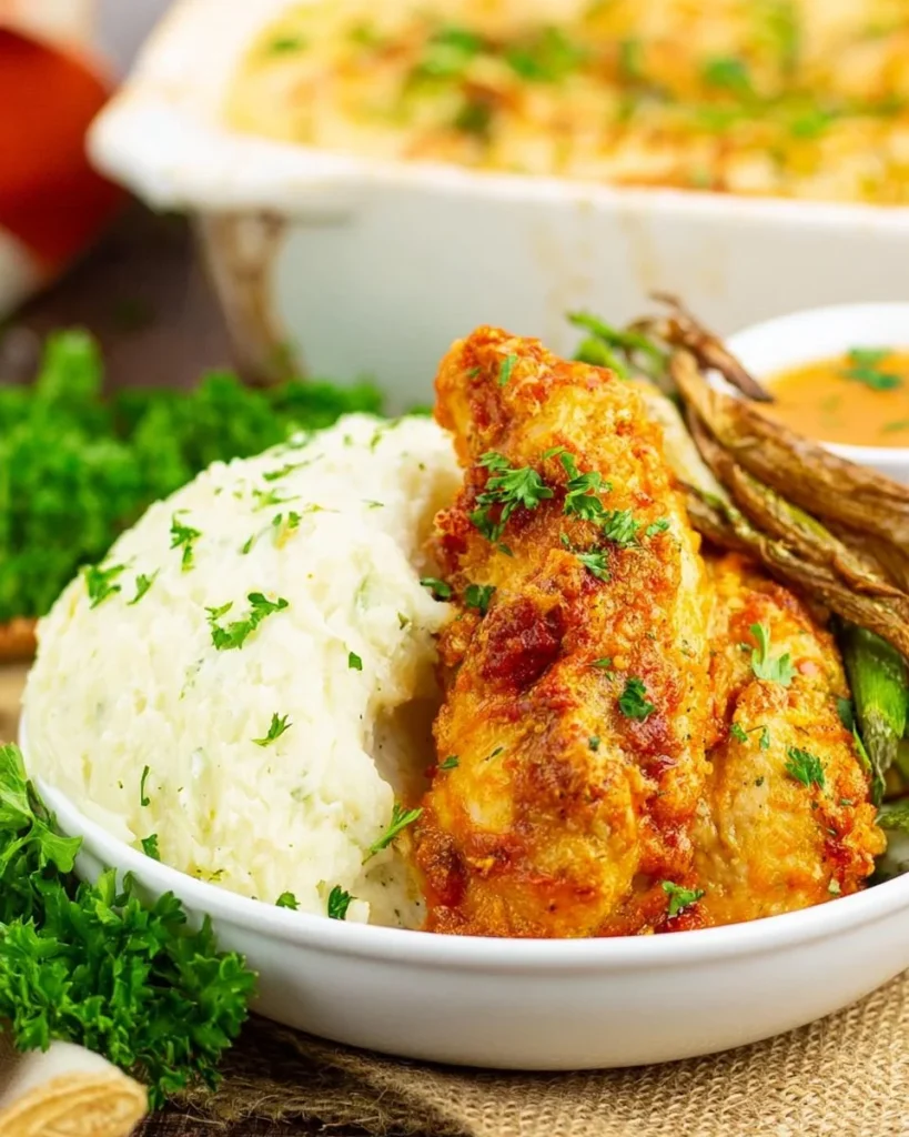 Delicious Garlic Parmesan Chicken Bake served with herbs and a side of vegetables.