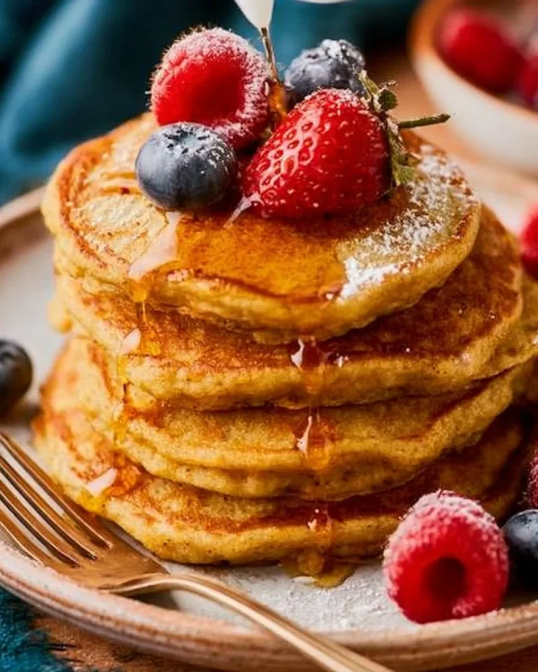 Fluffy Greek Yogurt Pancakes topped with fresh fruits and syrup