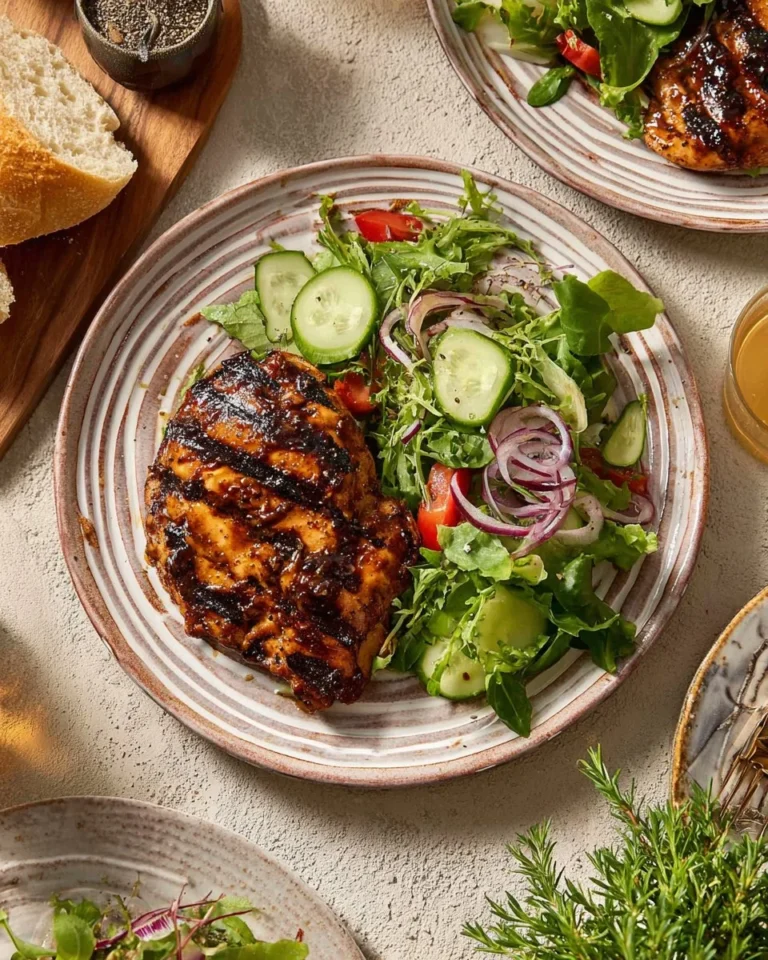Grilled balsamic chicken served with fresh herbs and vegetables