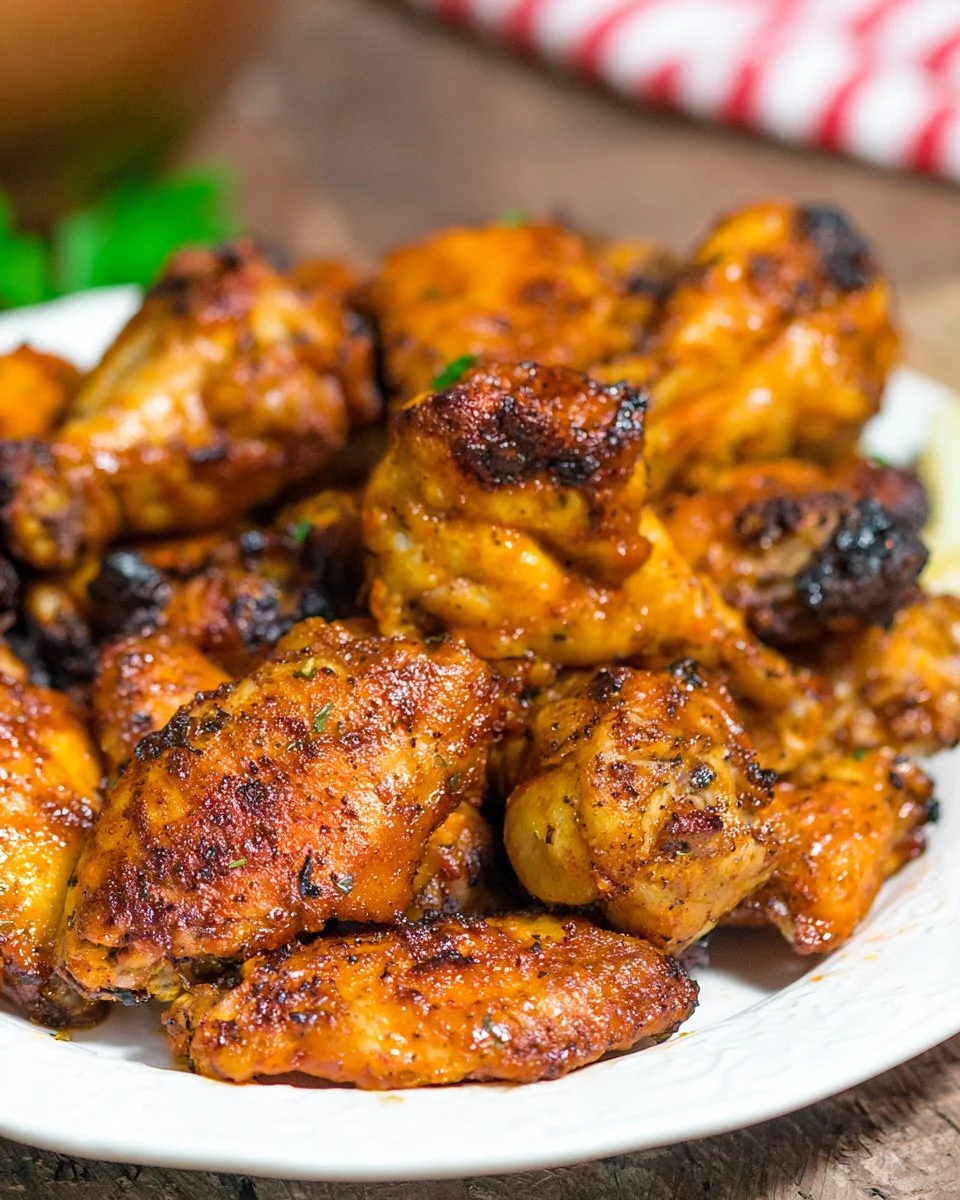 Grilled Buffalo wings garnished with celery and blue cheese dressing
